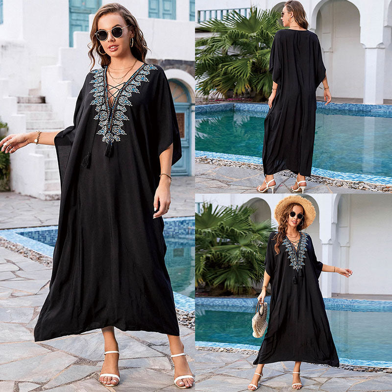 Rayon Embroidered Vacation Robe Loose Maxi Dress Women Beach Sun Protection Coat Beach Cover Up Bella Mia